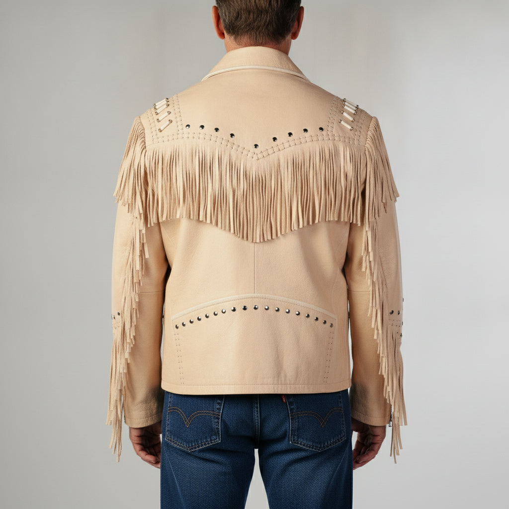 Beige fringed jacket worn by a person on a plain background