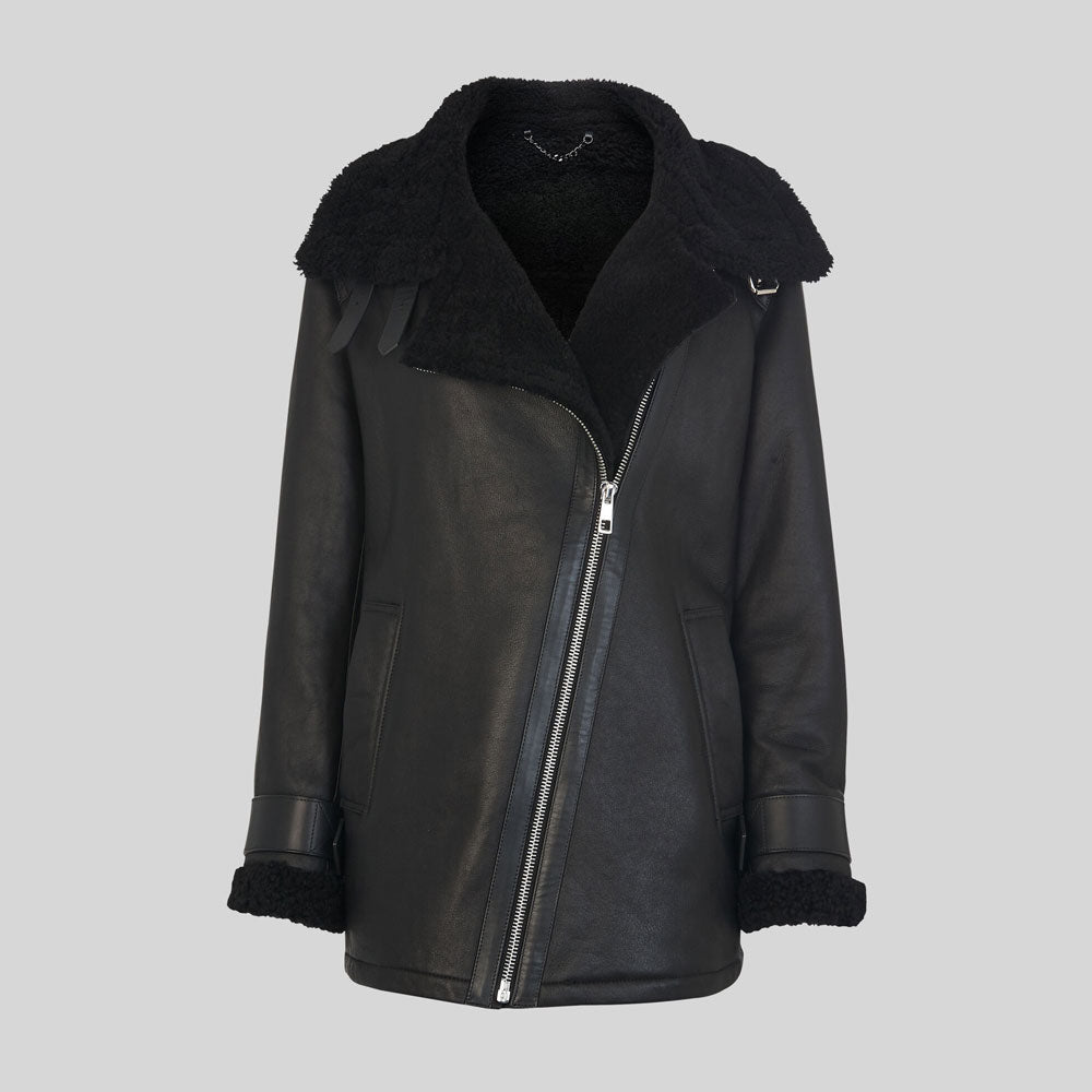 Black leather jacket with fur collar on a gray background