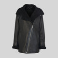 Black leather jacket with fur collar on a gray background