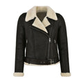 Black leather jacket with beige shearling collar and cuffs on a white background