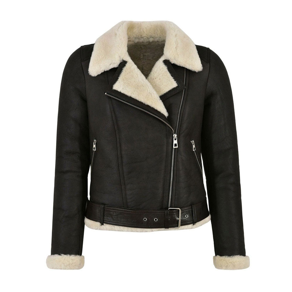 Black leather jacket with beige shearling collar and cuffs on a white background