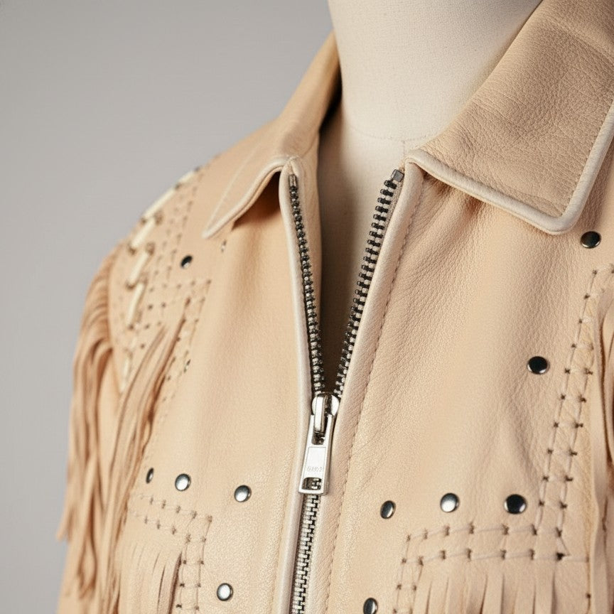 Beige leather jacket with fringe details and a zipper on a mannequin against a gray background