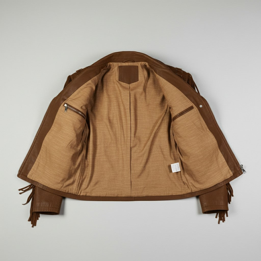 A tan and brown jacket shown from the back, featuring a textured tan fabric body with contrasting dark brown leather-like shoulder, sleeve, and hem panels, plus fringe detailing and zippered pockets.