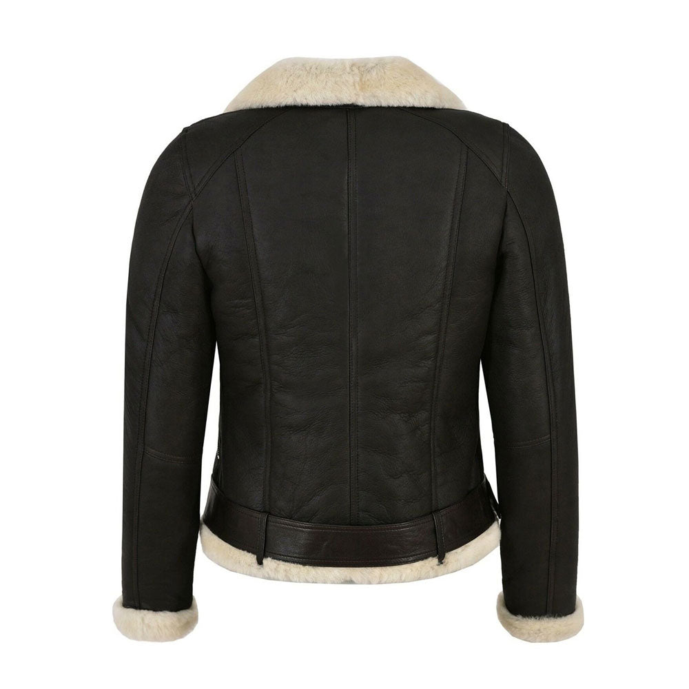 Black leather jacket with beige shearling lining on a white background