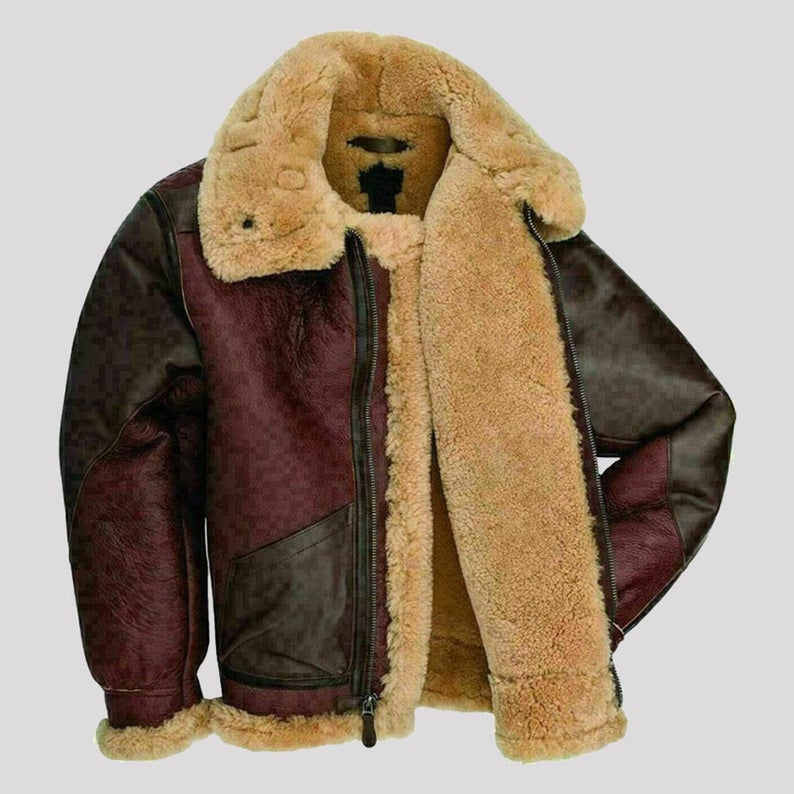 Brown leather jacket with beige fur lining on a white background