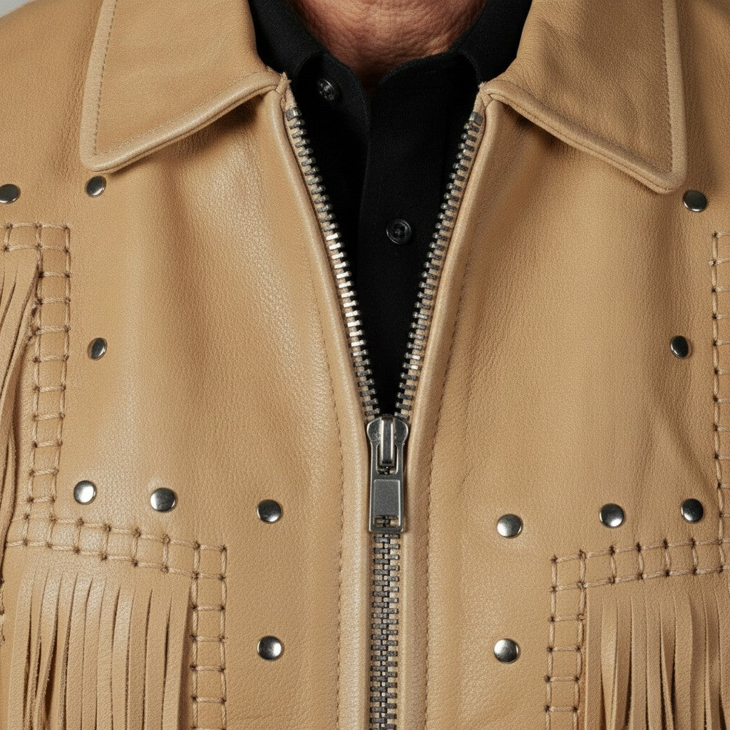 Close-up of a tan leather jacket with fringe details and studded embellishments.