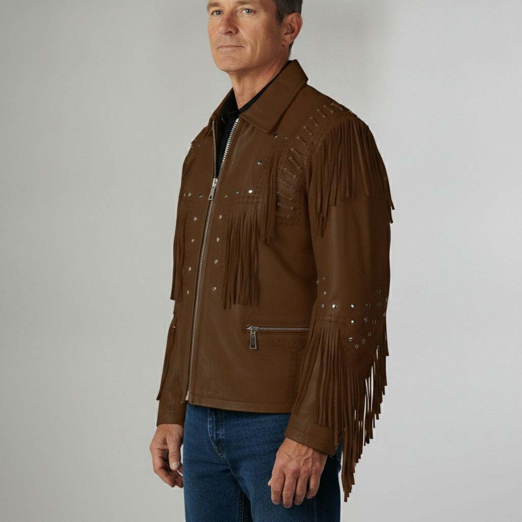 Man wearing a brown leather jacket with fringes on a gray background