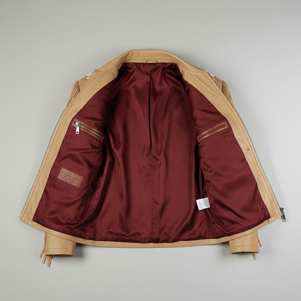 Brown jacket with maroon lining on a light gray background