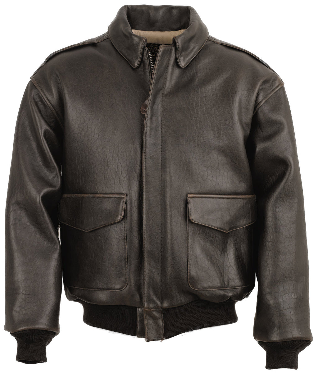 Brown leather jacket with two front pockets on a white background