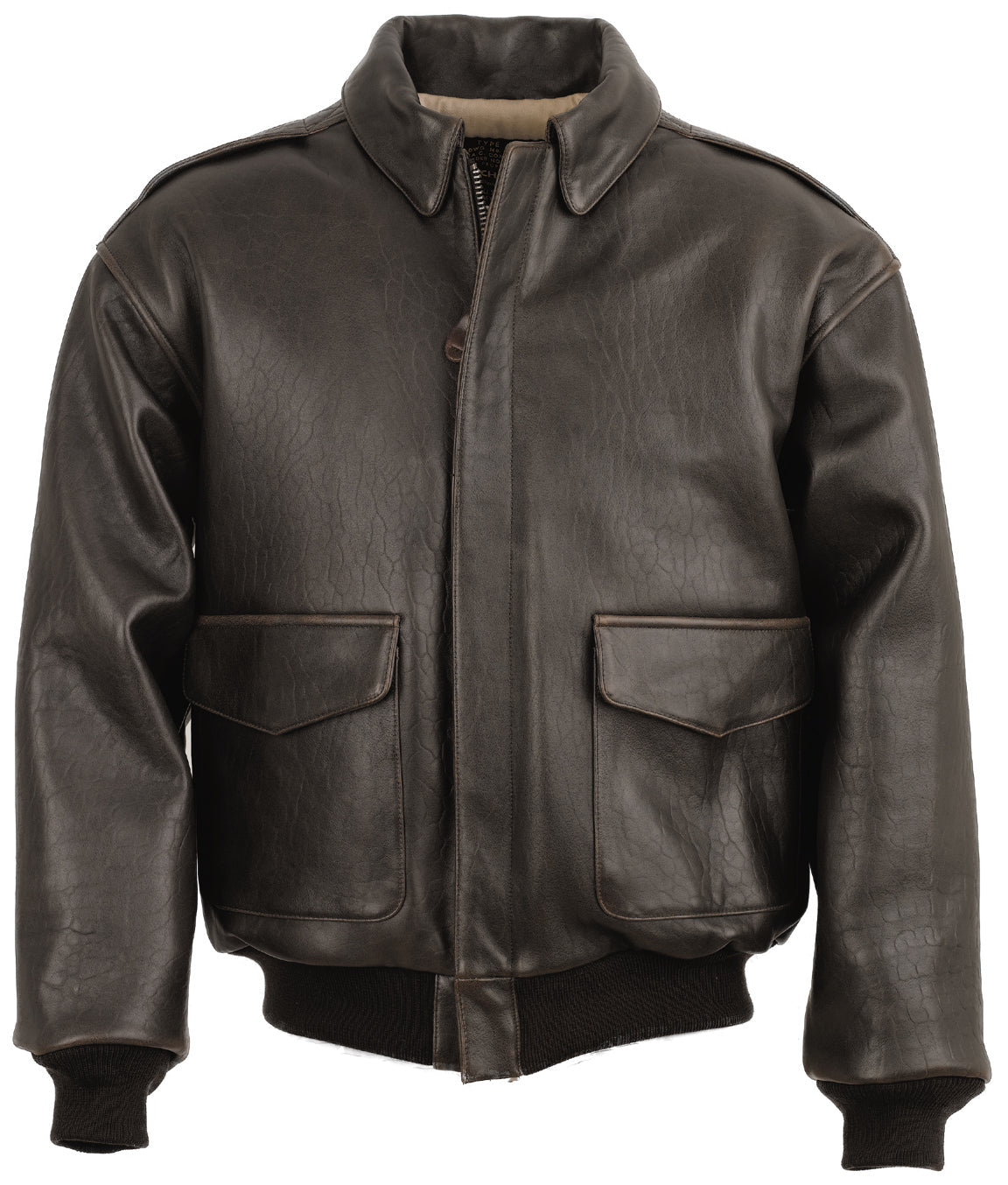 Brown leather jacket with two front pockets on a white background