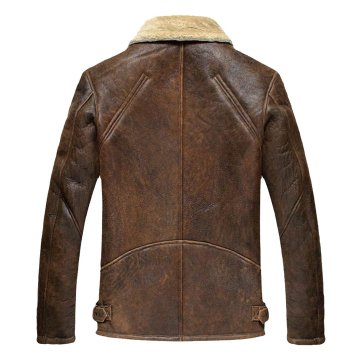 back view of Genuine Brown Leather Shearling Jacket Asymmetric Style Zipper