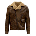 Genuine Brown Leather Shearling Jacket Asymmetric Style Zipper on white background