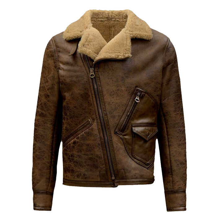 Genuine Brown Leather Shearling Jacket Asymmetric Style Zipper on white background