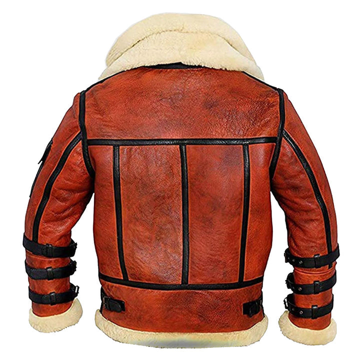 Brown leather jacket with white fur lining on a white background