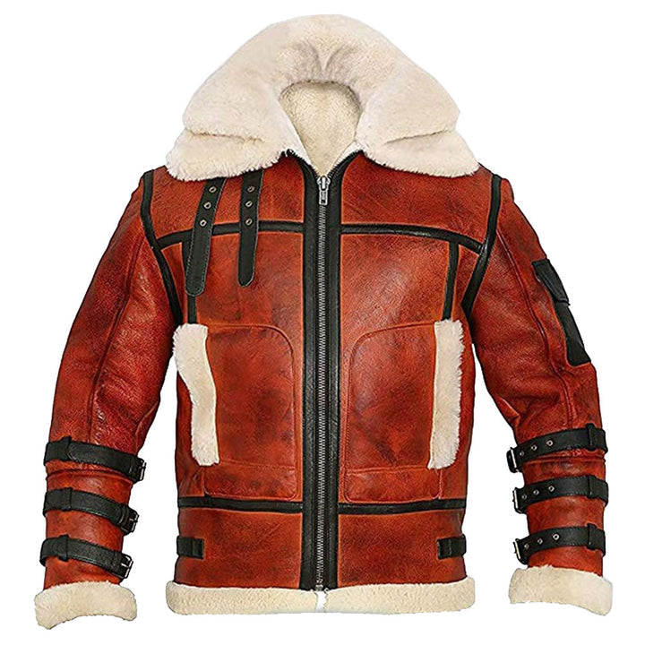 Red leather jacket with white fur lining on a white background