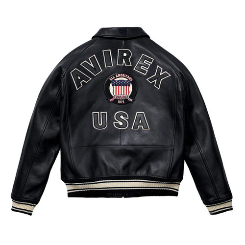 Black leather jacket with 'AVIREX USA' text and logo on a white background