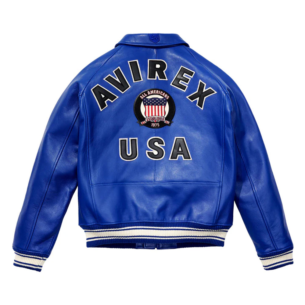 Blue leather jacket with 'Avirex USA' branding on a white background