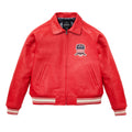 A red leather bomber jacket with a zip-up front, ribbed knit collar, cuffs, and hem, featuring a 'ANIBEL' American flag patch on the left chest, displayed on a clean white background.
