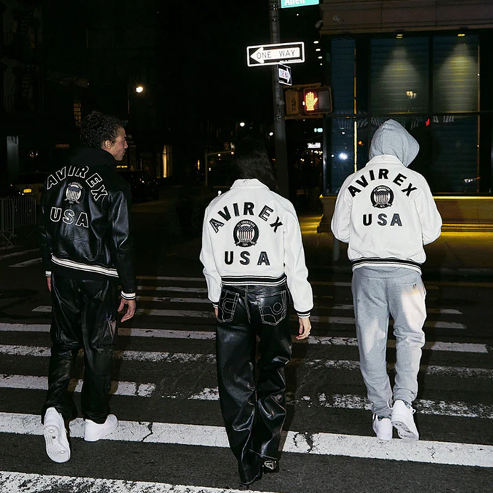 White Avirex Varsity Bomber Jacket – Embroidered Crest, Classic Street Style Jacket
