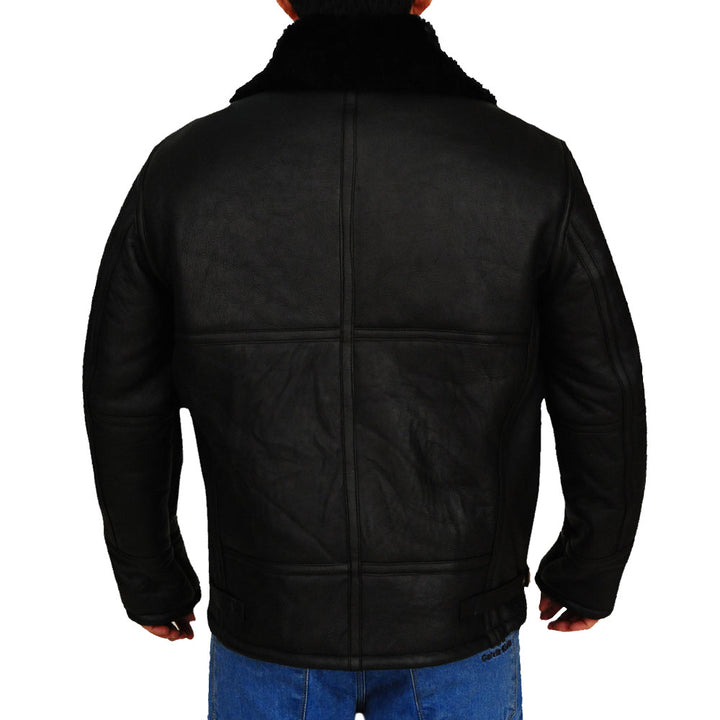 back view of black shearling jacket