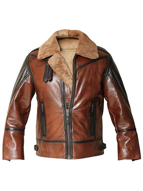 brown sheepskin leather jacket zipper view