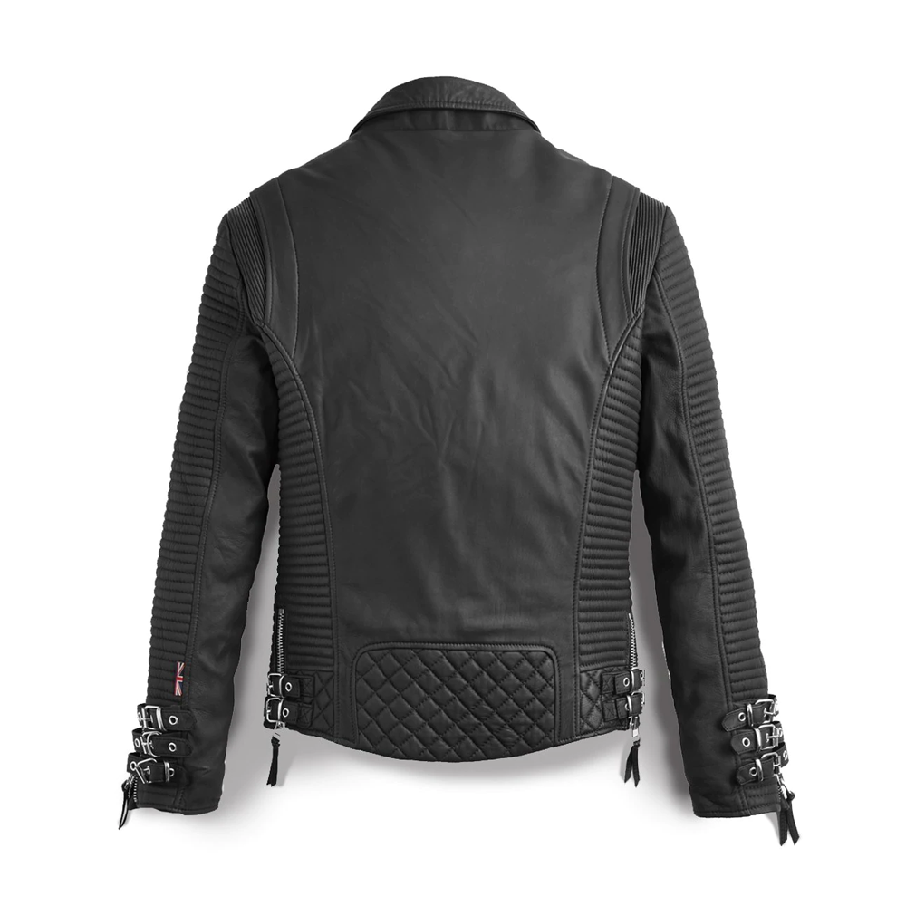 Black leather jacket with quilted design on a white background