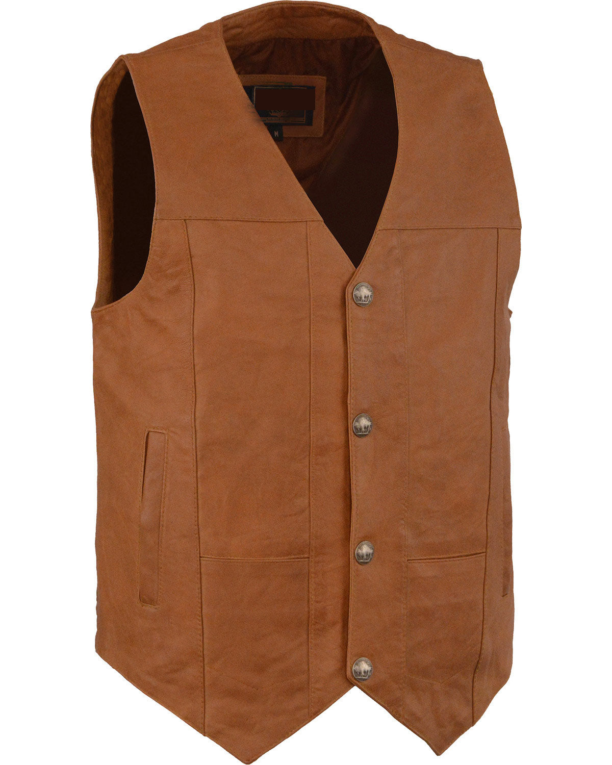 Brown leather vest with button details on a white background