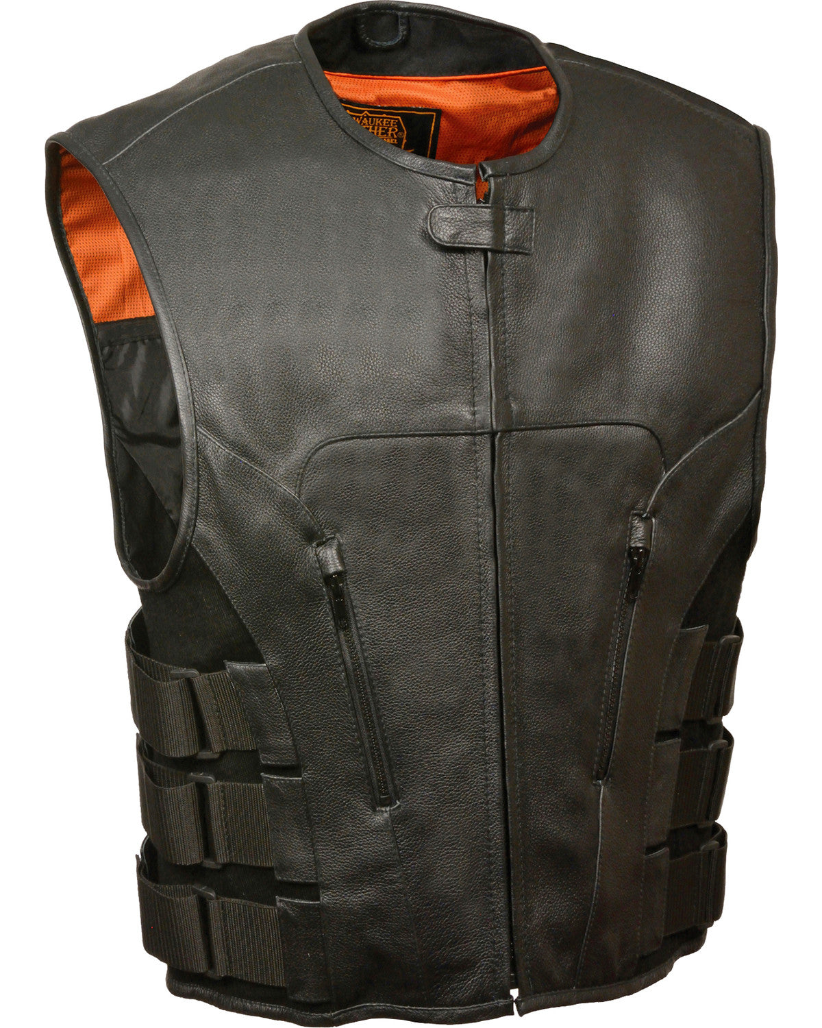 Black leather vest with orange lining on a white background