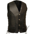 Black leather vest with buttons and lace details on a white background