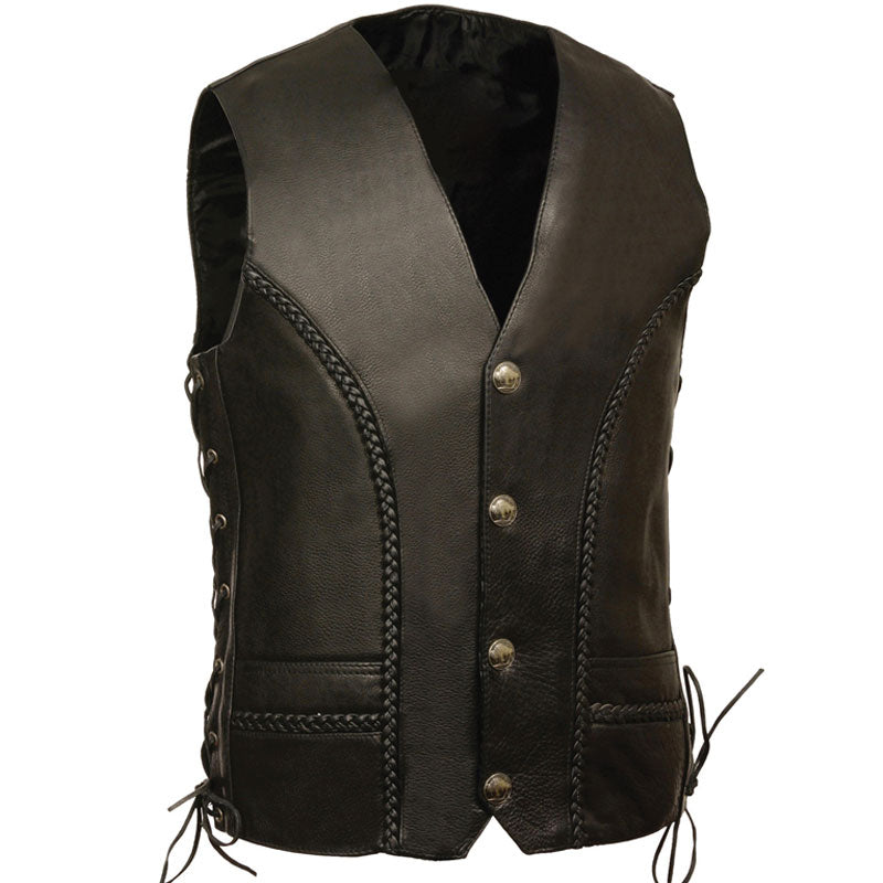 Black leather vest with buttons and lace details on a white background