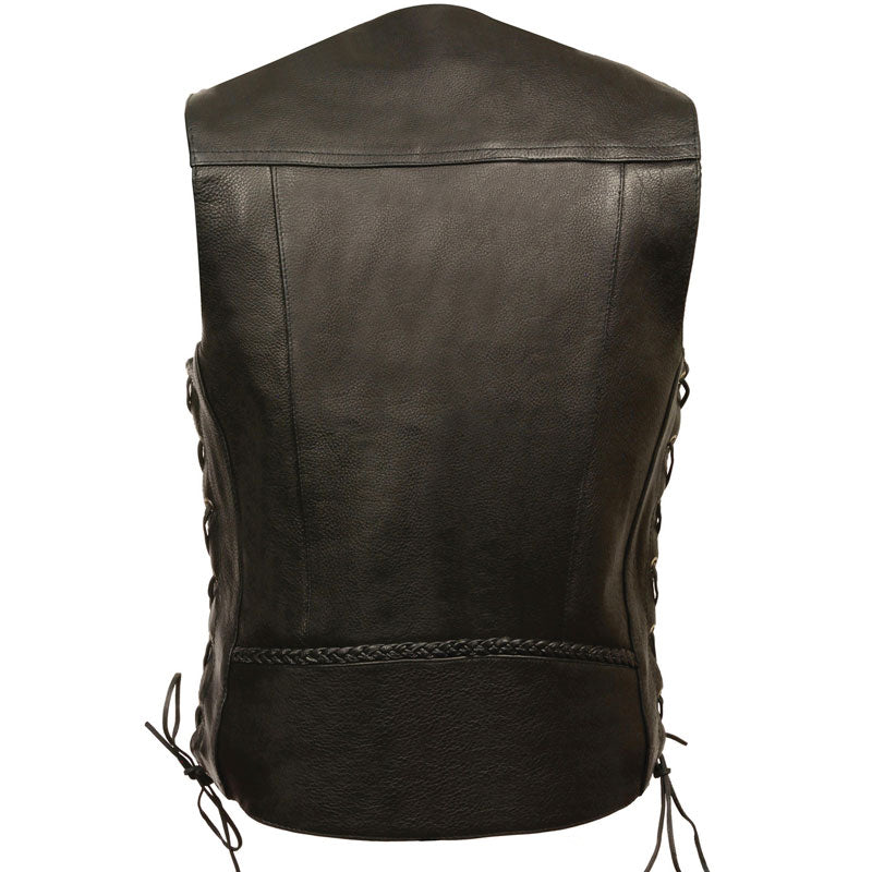 Black leather vest with lace-up front on a white background