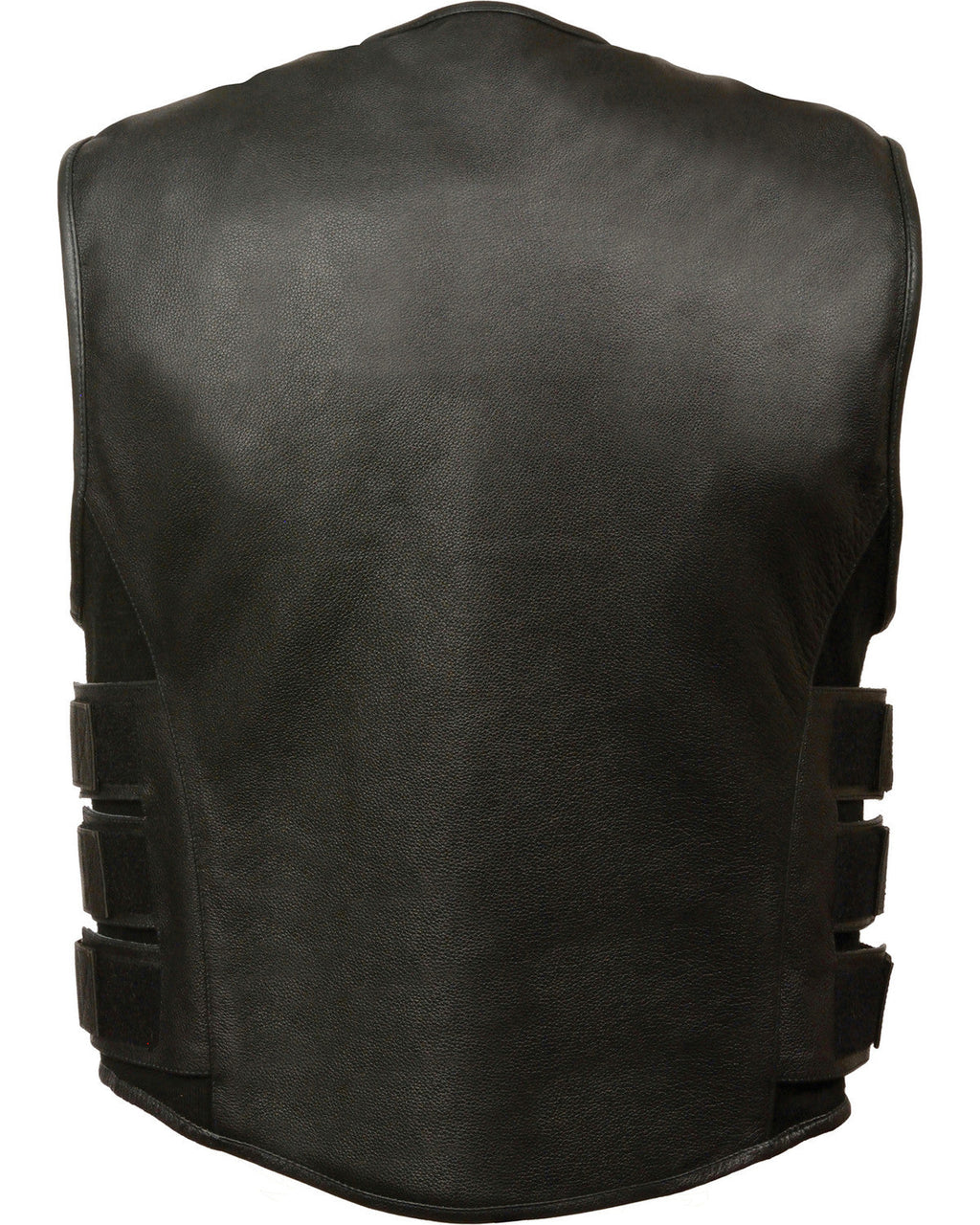 Black leather vest with multiple pockets on a white background