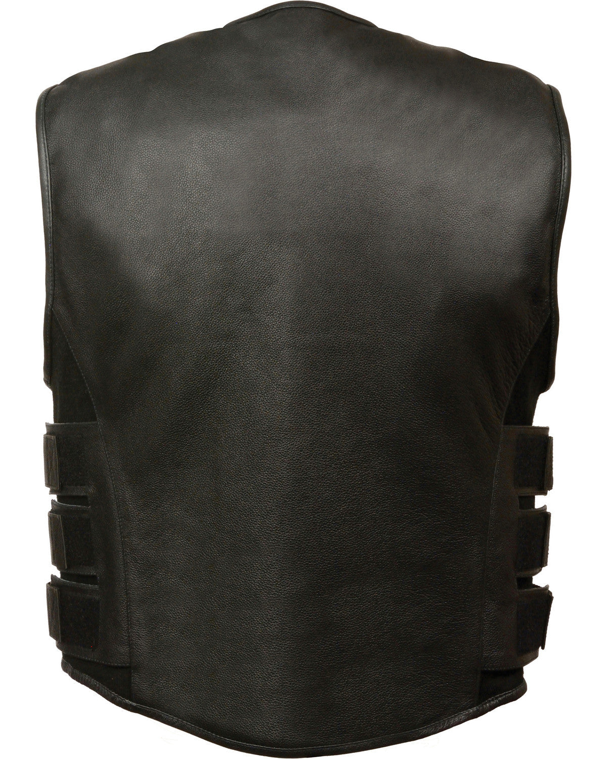 Black leather vest with multiple pockets on a white background