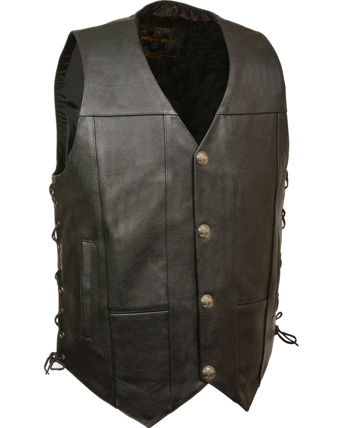 Black leather vest with buttons on a white background