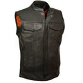 Black leather vest with orange lining on a white background