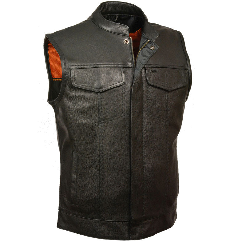 Black leather vest with orange lining on a white background