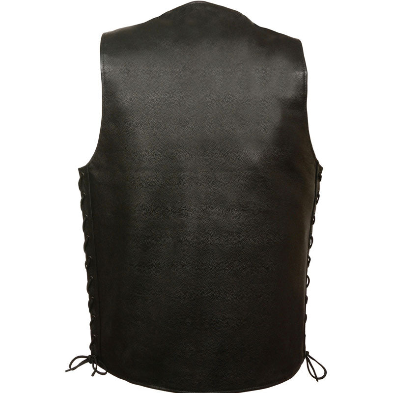 Black leather vest with lace-up front on a white background