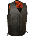 Black leather vest with orange lining on a white background