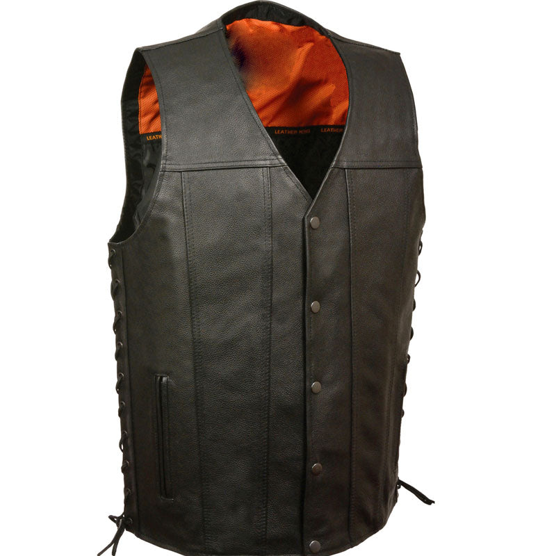Black leather vest with orange lining on a white background
