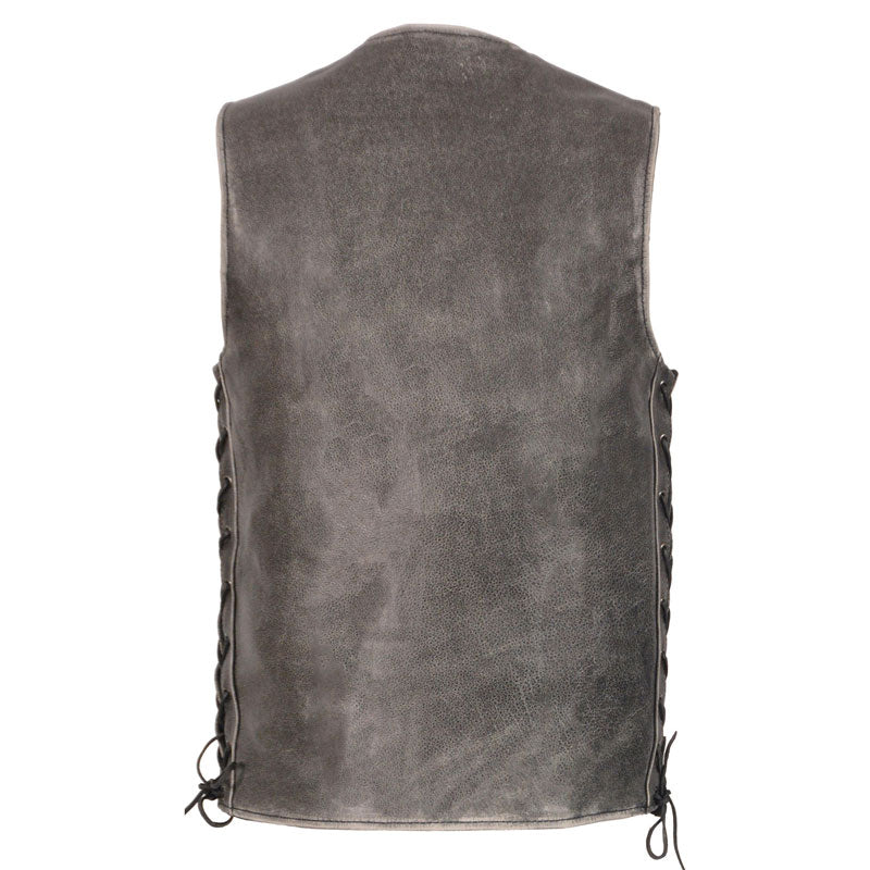 Gray leather vest with lace-up front on a white background