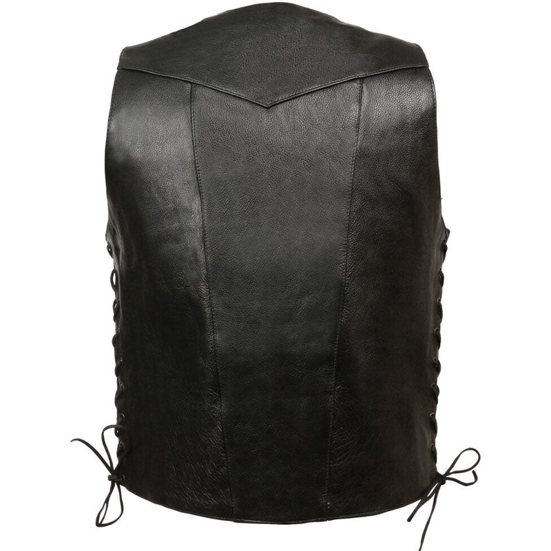 Black leather vest with lace-up front on a white background