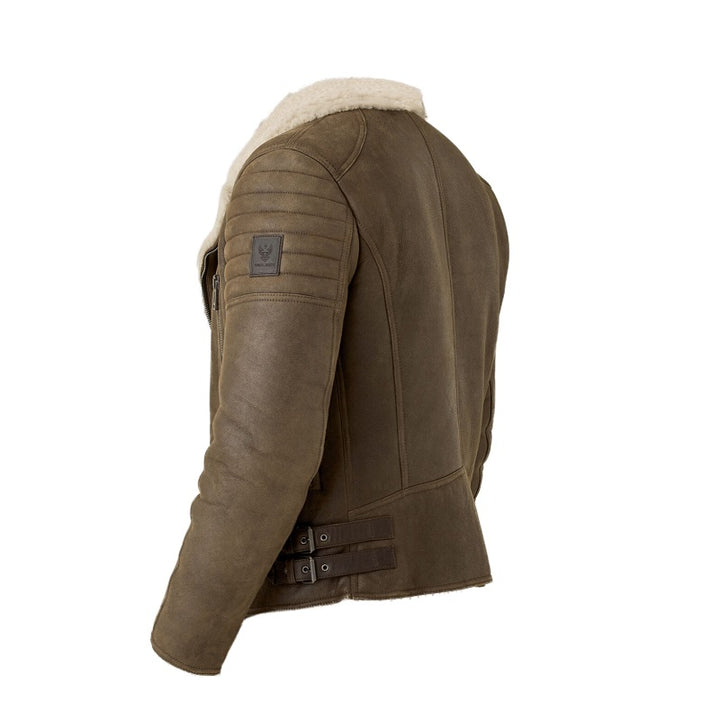 back view of brown vintage shearling leather jacket