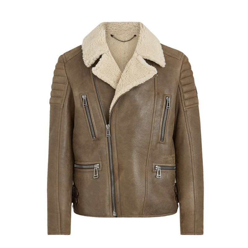 brown vintage shearling leather jacket on white background