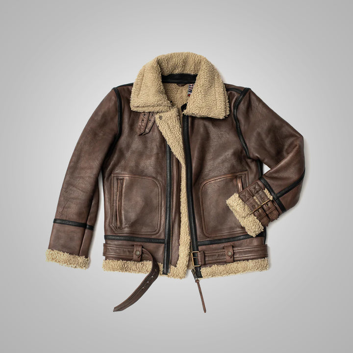 Brown leather jacket with shearling collar and cuffs on gray background