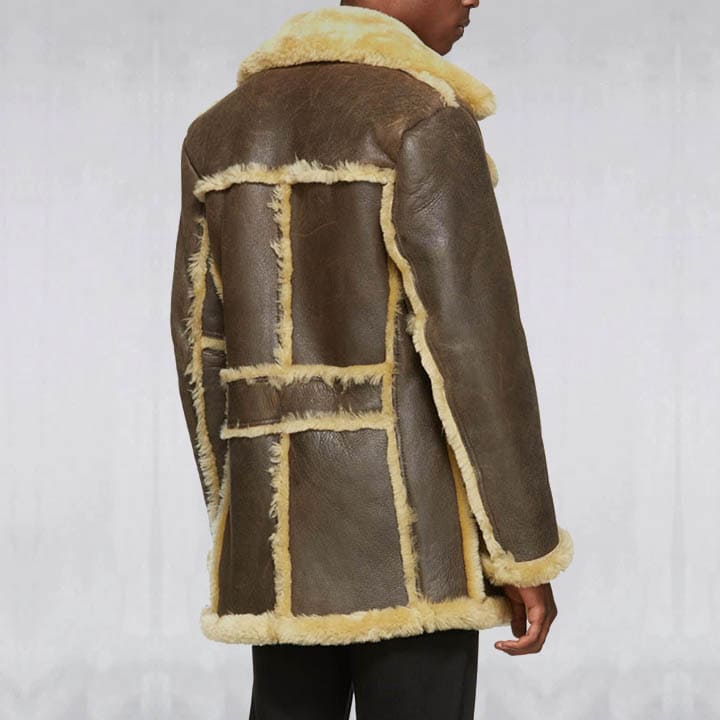 Brown leather coat with beige fur lining on a white background
