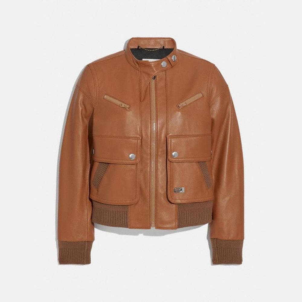 Brown leather jacket on a white background