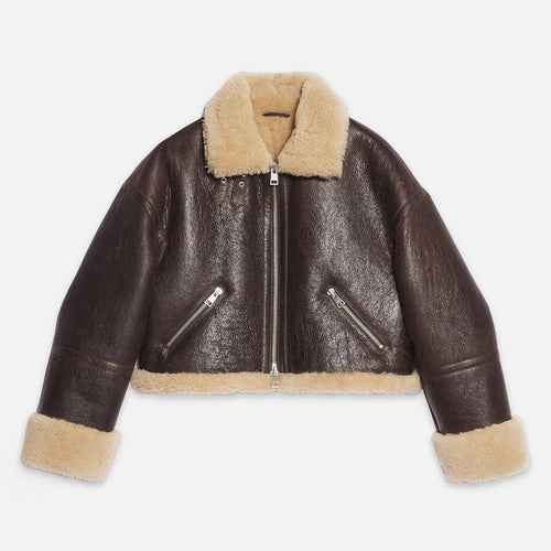 Brown leather jacket with beige fur lining on a white background