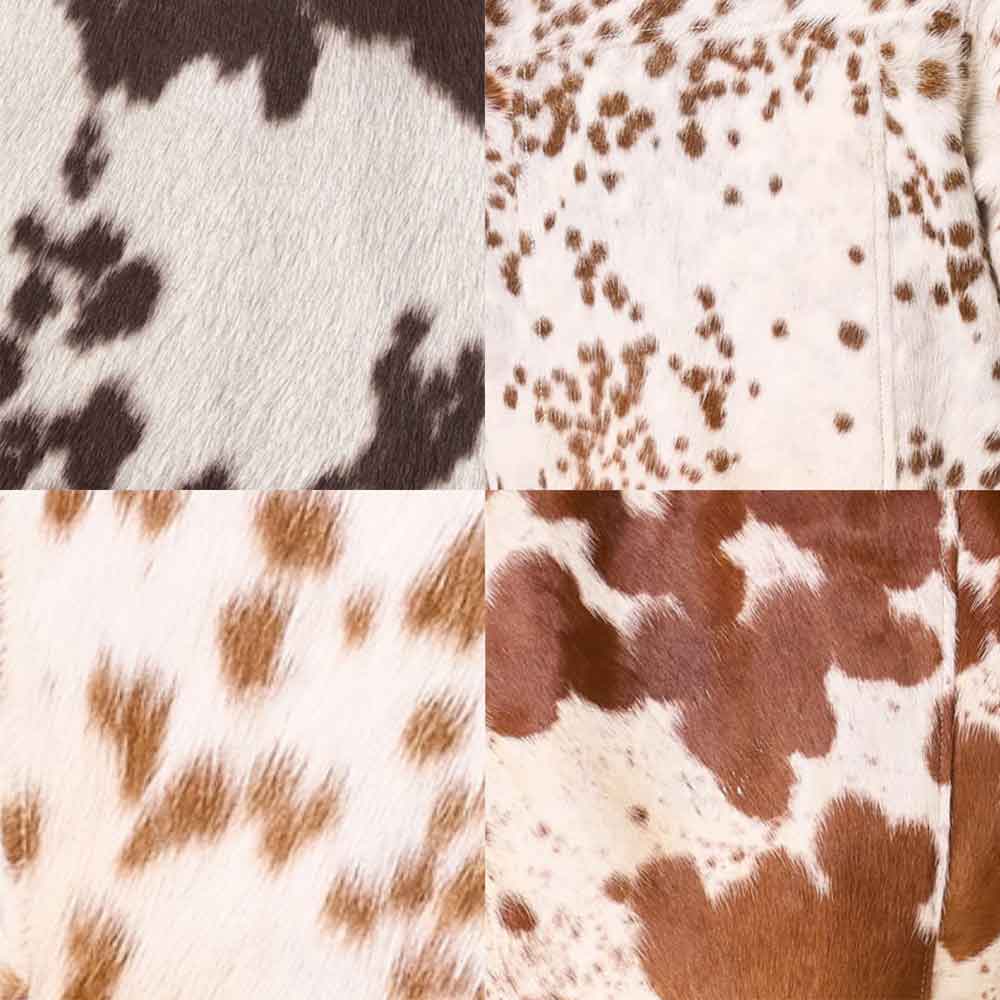 Four close-up swatches of cowhide-like material arranged in a 2x2 grid, showing different brown-and-white spotted patterns on a white background.