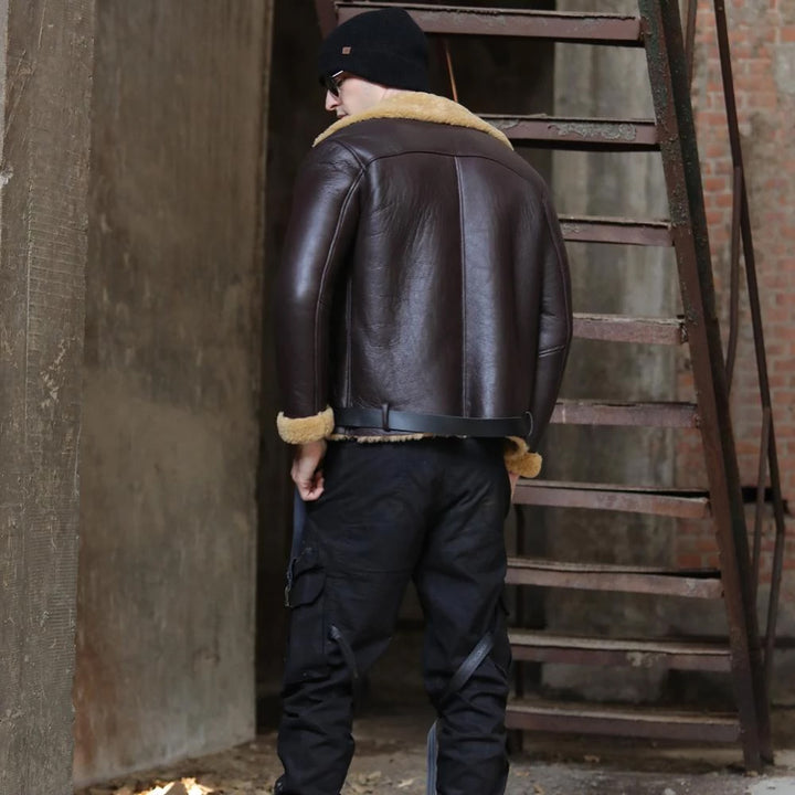 back view of shearling jacket