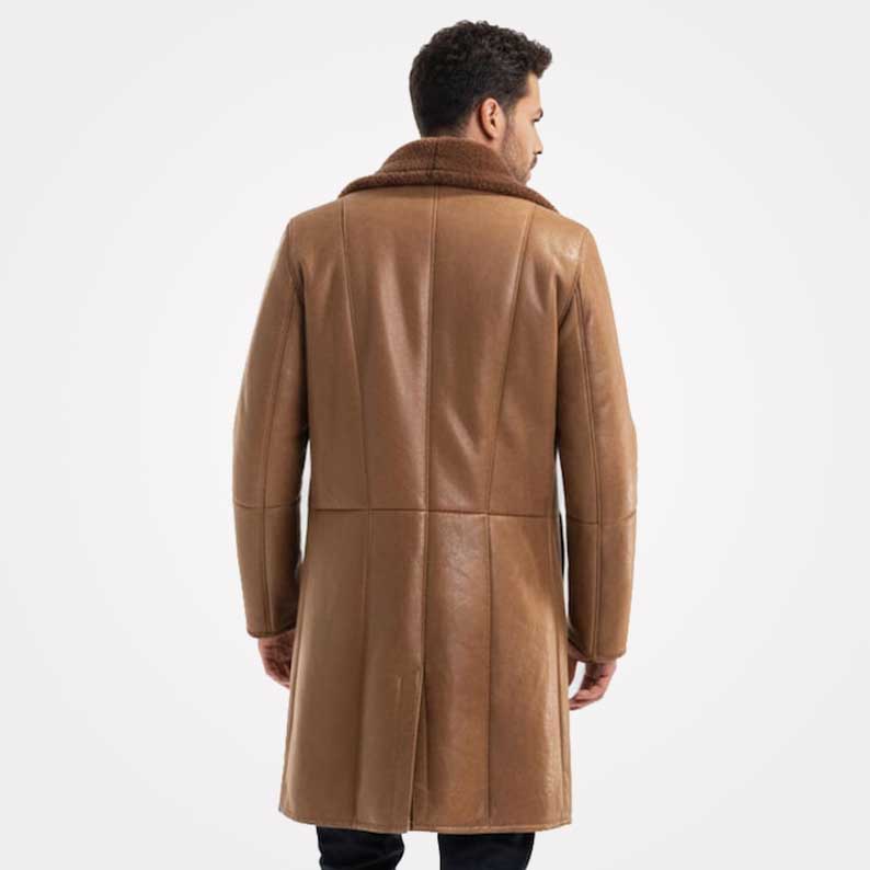 Man wearing a brown leather coat on a white background